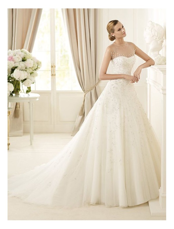 Tulle Illusion Jewel Neckline A-Line Wedding Dress 0049